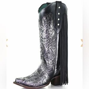 Corral Floral Inlay Leather Fringe Cowboy Boots